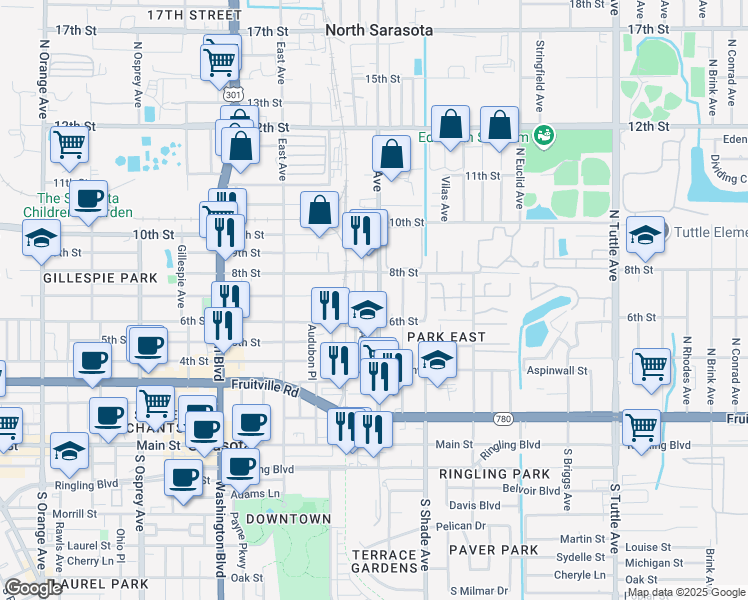 map of restaurants, bars, coffee shops, grocery stores, and more near 637 North Lime Avenue in Sarasota