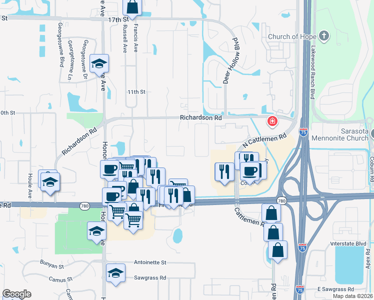 map of restaurants, bars, coffee shops, grocery stores, and more near 5549 Burnt Branch Circle in Sarasota