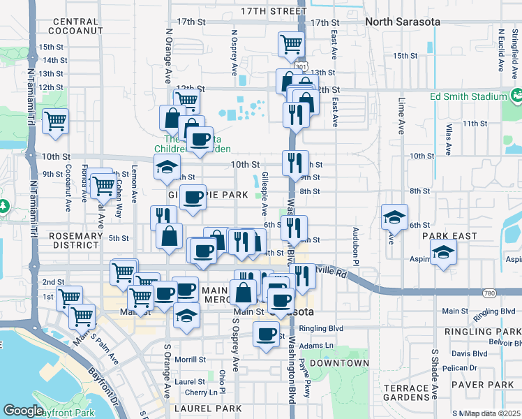 map of restaurants, bars, coffee shops, grocery stores, and more near 1874 7th Street in Sarasota