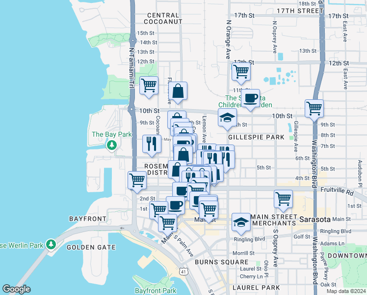 map of restaurants, bars, coffee shops, grocery stores, and more near 650 Central Avenue in Sarasota