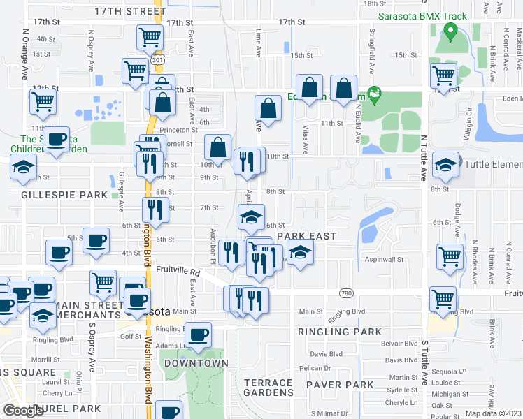 map of restaurants, bars, coffee shops, grocery stores, and more near 650 North Lime Avenue in Sarasota
