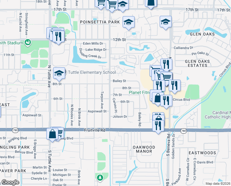 map of restaurants, bars, coffee shops, grocery stores, and more near 3235 7th Street in Sarasota