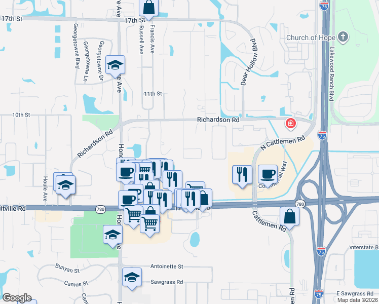 map of restaurants, bars, coffee shops, grocery stores, and more near 5508 Burnt Branch Circle in Sarasota