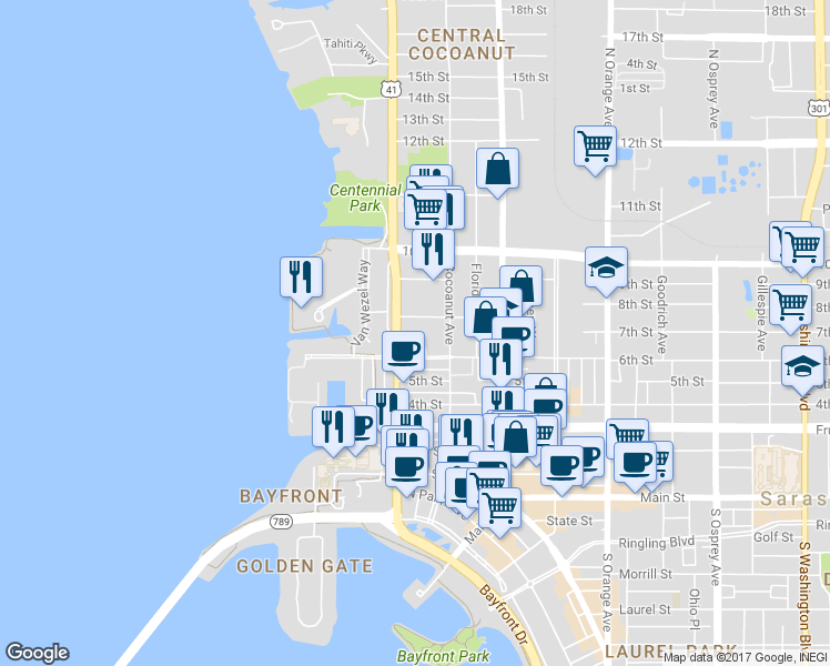 map of restaurants, bars, coffee shops, grocery stores, and more near 626 North Tamiami Trail in Sarasota