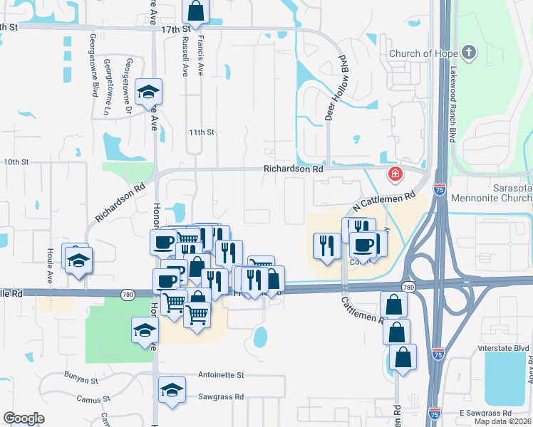 map of restaurants, bars, coffee shops, grocery stores, and more near 874 Molly Circle in Sarasota