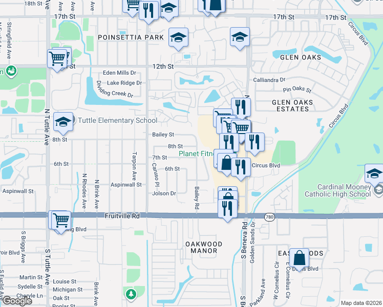 map of restaurants, bars, coffee shops, grocery stores, and more near 635 Melody Circle in Sarasota