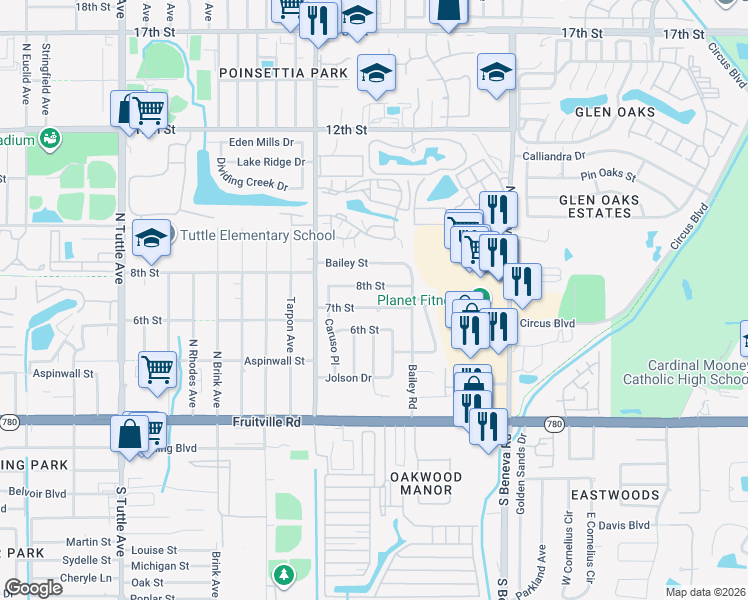 map of restaurants, bars, coffee shops, grocery stores, and more near 3325 7th Street in Sarasota