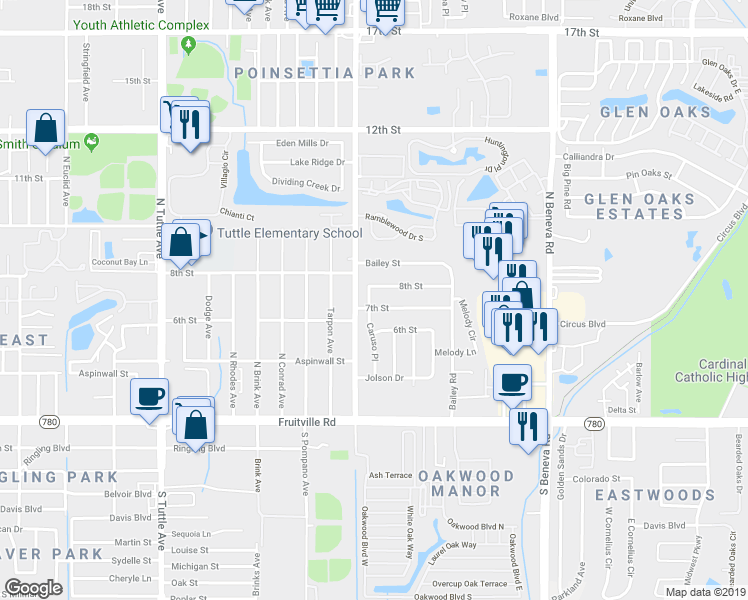 map of restaurants, bars, coffee shops, grocery stores, and more near 3257 7th Street in Sarasota
