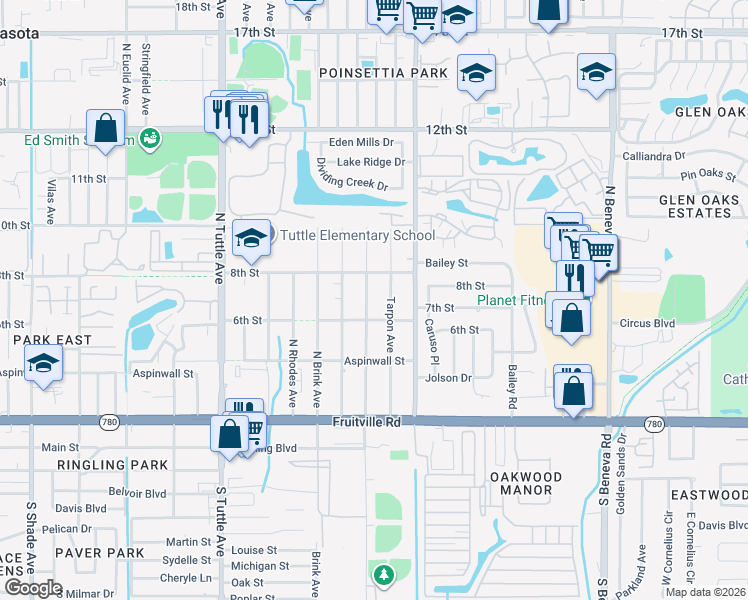 map of restaurants, bars, coffee shops, grocery stores, and more near 642 North Pompano Avenue in Sarasota