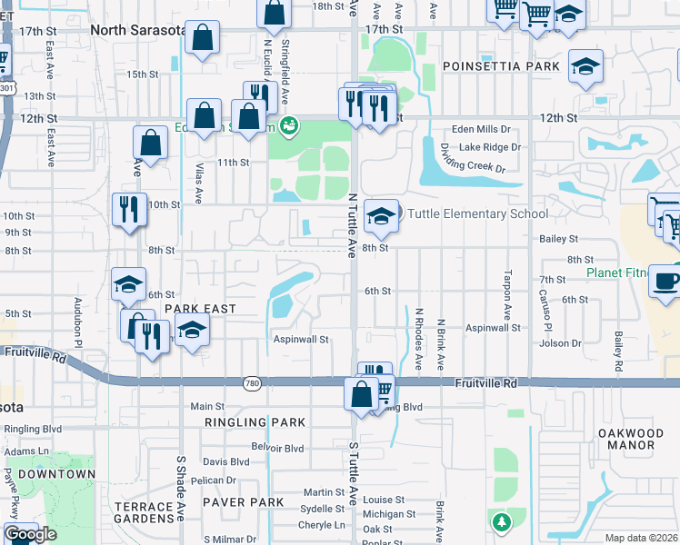 map of restaurants, bars, coffee shops, grocery stores, and more near 2749 Hidden Lake Boulevard in Sarasota
