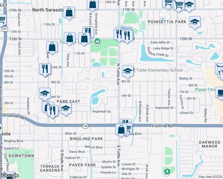 map of restaurants, bars, coffee shops, grocery stores, and more near 2749 Hidden Lake Boulevard in Sarasota