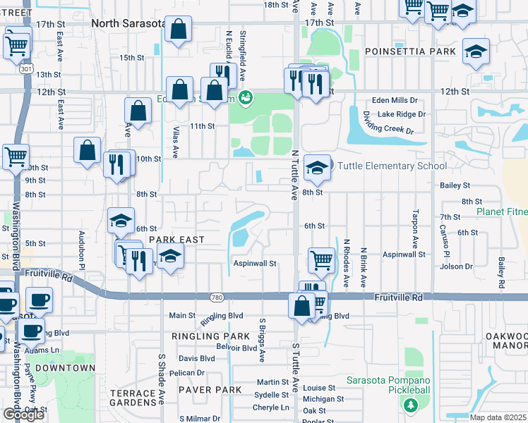 map of restaurants, bars, coffee shops, grocery stores, and more near 2632 Hidden Lake Drive North in Sarasota