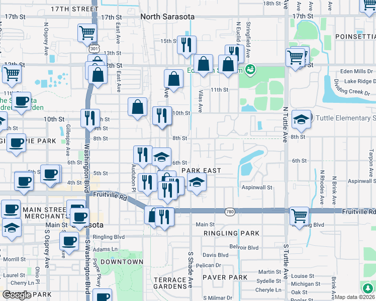 map of restaurants, bars, coffee shops, grocery stores, and more near 705 North Shade Avenue in Sarasota