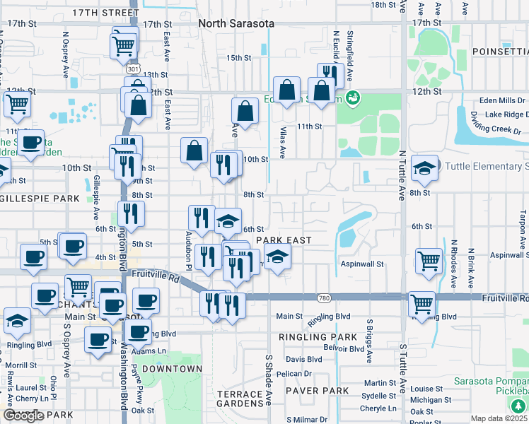 map of restaurants, bars, coffee shops, grocery stores, and more near 705 North Shade Avenue in Sarasota