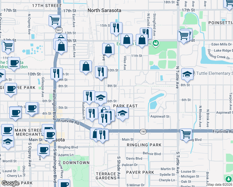 map of restaurants, bars, coffee shops, grocery stores, and more near 705 North Shade Avenue in Sarasota