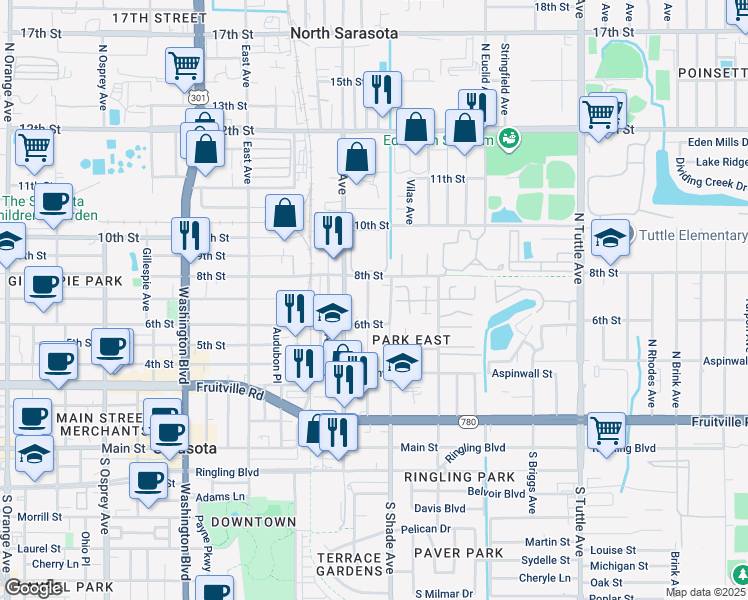 map of restaurants, bars, coffee shops, grocery stores, and more near 705 North Shade Avenue in Sarasota