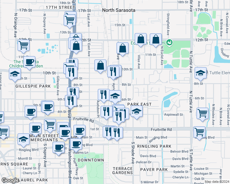 map of restaurants, bars, coffee shops, grocery stores, and more near 650 North Lime Avenue in Sarasota
