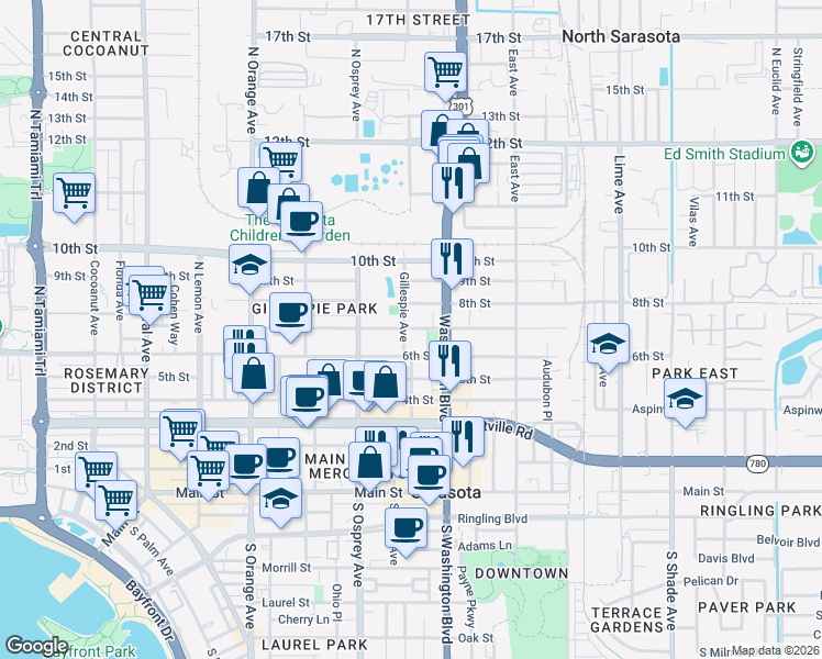 map of restaurants, bars, coffee shops, grocery stores, and more near 1874 7th Street in Sarasota