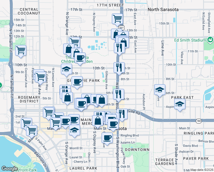 map of restaurants, bars, coffee shops, grocery stores, and more near 1874 7th Street in Sarasota