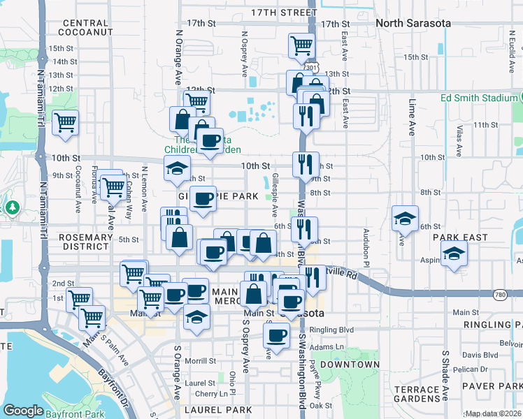 map of restaurants, bars, coffee shops, grocery stores, and more near 1874 7th Street in Sarasota