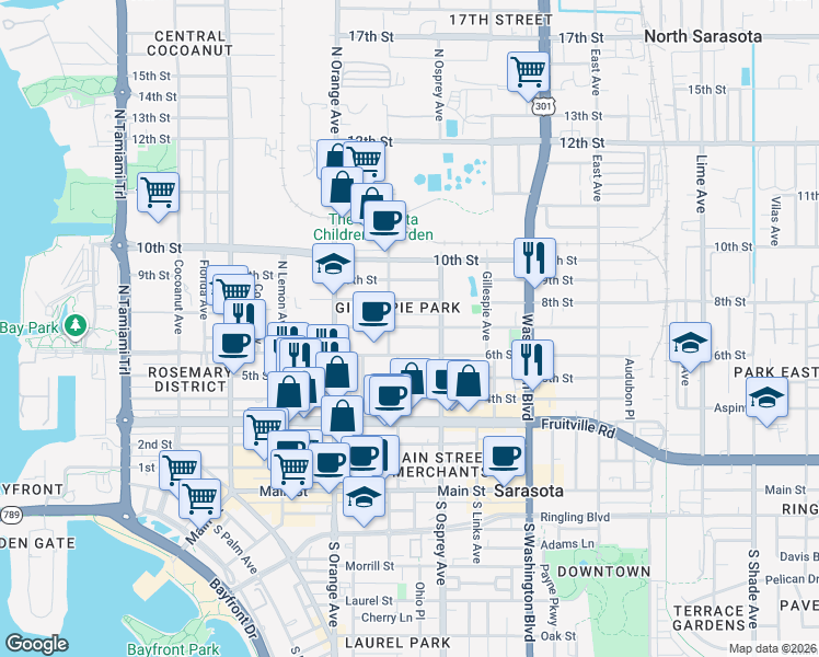 map of restaurants, bars, coffee shops, grocery stores, and more near 1718 7th Street in Sarasota