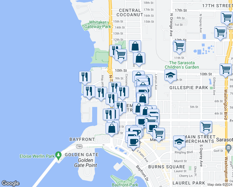 map of restaurants, bars, coffee shops, grocery stores, and more near 626 North Tamiami Trail in Sarasota