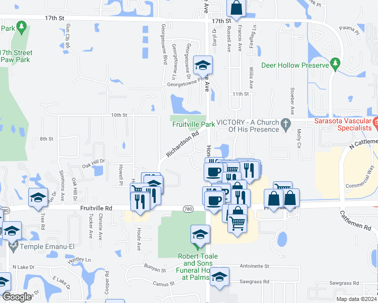 map of restaurants, bars, coffee shops, grocery stores, and more near 5211 Cedar Hammock Drive in Sarasota