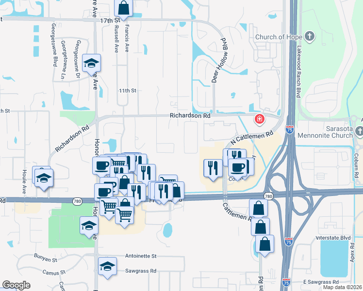 map of restaurants, bars, coffee shops, grocery stores, and more near 874 Molly Circle in Sarasota