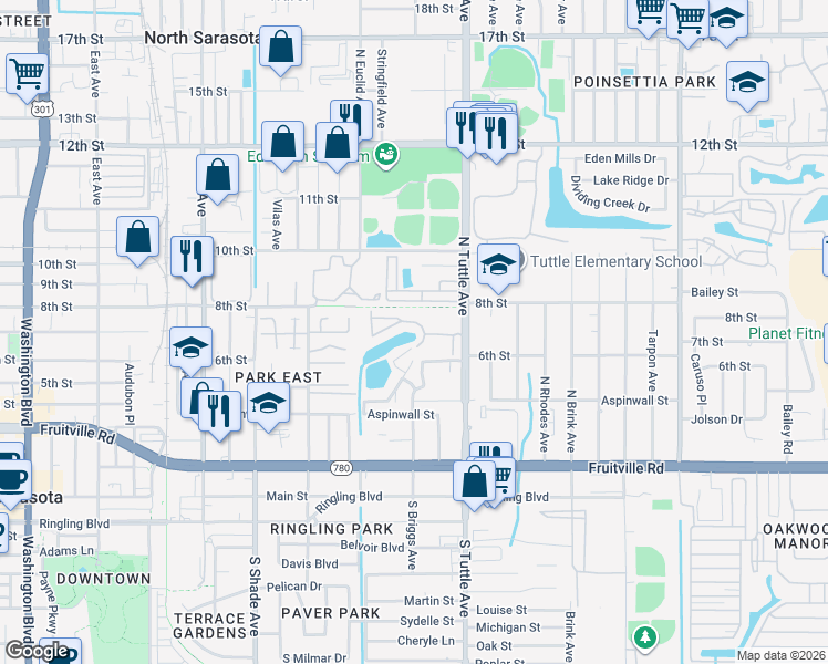 map of restaurants, bars, coffee shops, grocery stores, and more near 2703H Hidden Lake Drive North in Sarasota