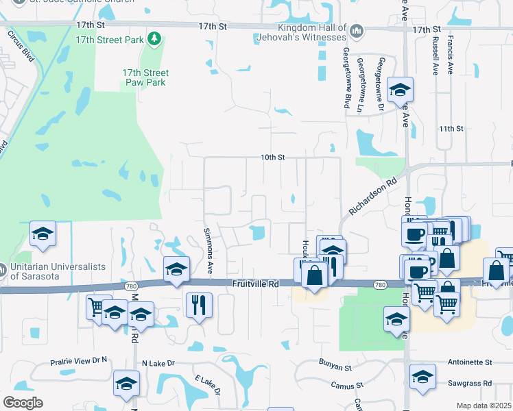 map of restaurants, bars, coffee shops, grocery stores, and more near 422 Oak Hill Circle in Sarasota