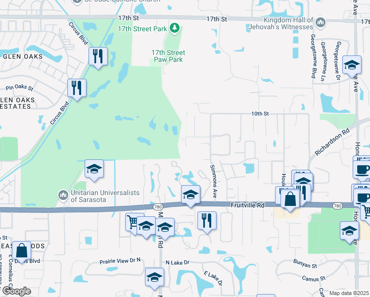 map of restaurants, bars, coffee shops, grocery stores, and more near 4450 8th Street in Sarasota