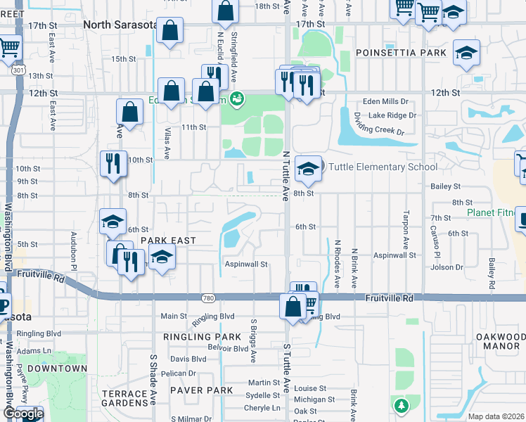 map of restaurants, bars, coffee shops, grocery stores, and more near 2749 Hidden Lake Boulevard in Sarasota