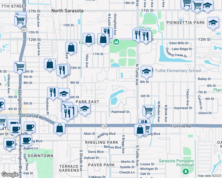 map of restaurants, bars, coffee shops, grocery stores, and more near 2605 Pine Lake Terrace in Sarasota