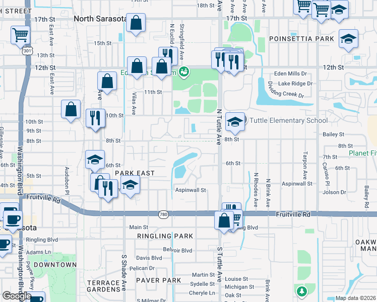 map of restaurants, bars, coffee shops, grocery stores, and more near 2632 Hidden Lake Drive North in Sarasota