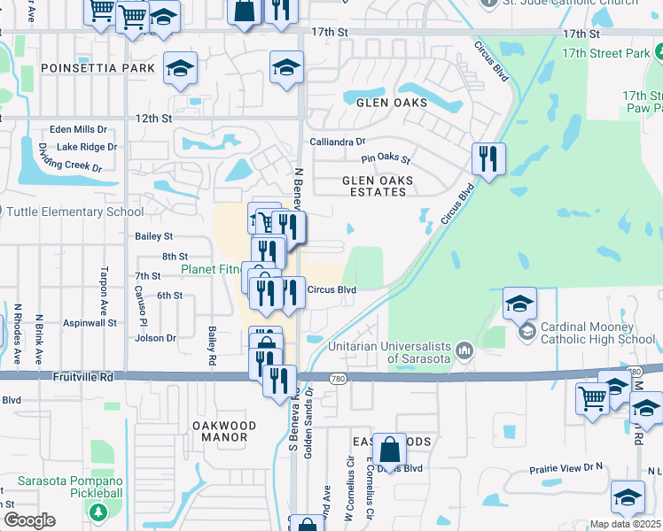 map of restaurants, bars, coffee shops, grocery stores, and more near 650 North Beneva Road in Sarasota