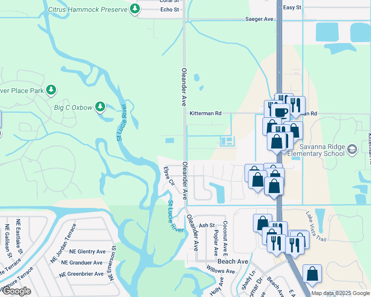 map of restaurants, bars, coffee shops, grocery stores, and more near 7250 Oleander Avenue in Port St. Lucie
