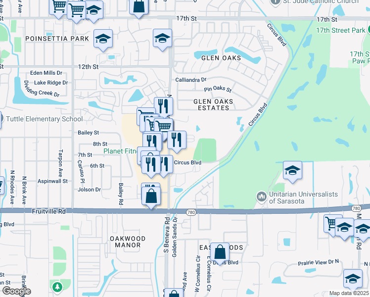 map of restaurants, bars, coffee shops, grocery stores, and more near 650 North Beneva Road in Sarasota