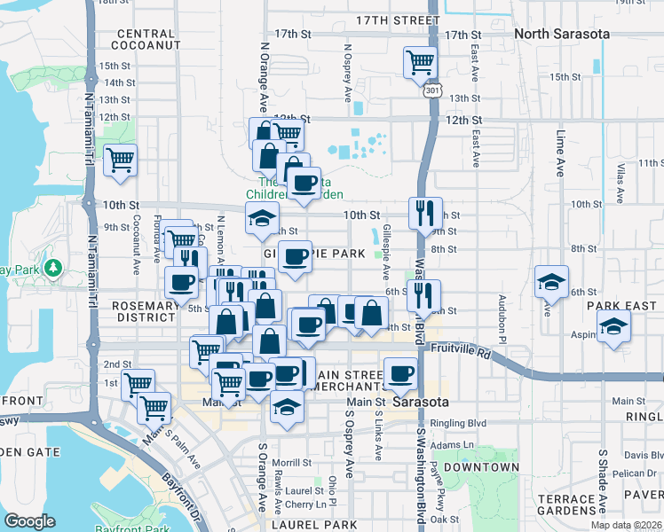 map of restaurants, bars, coffee shops, grocery stores, and more near 1718 7th Street in Sarasota