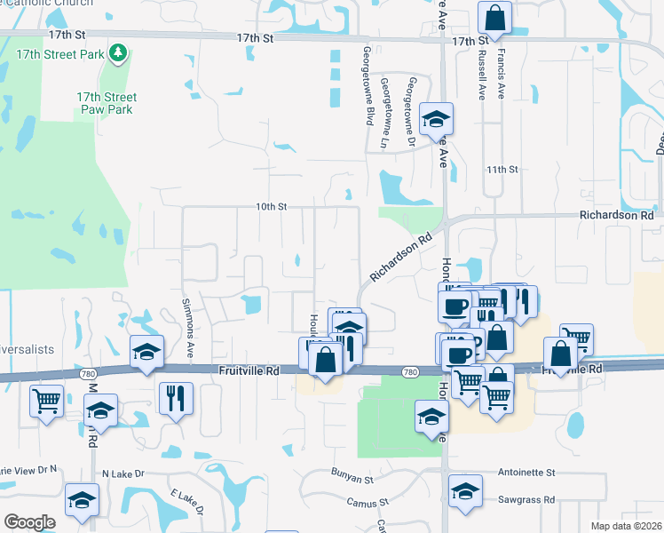 map of restaurants, bars, coffee shops, grocery stores, and more near 704 Houle Avenue in Sarasota