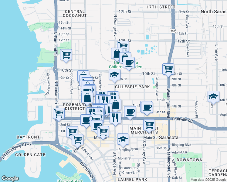 map of restaurants, bars, coffee shops, grocery stores, and more near 1591 7th Street in Sarasota