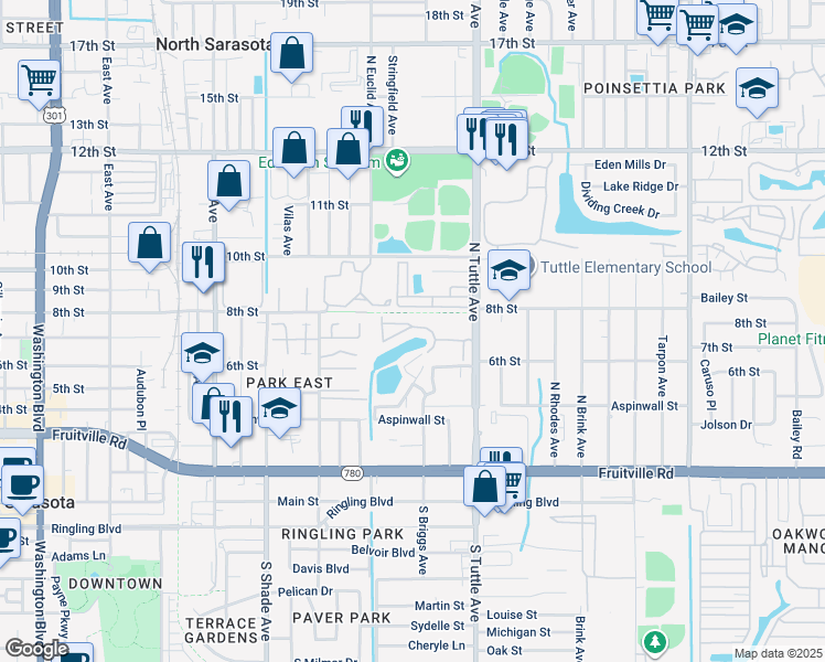 map of restaurants, bars, coffee shops, grocery stores, and more near 2632 Hidden Lake Drive North in Sarasota