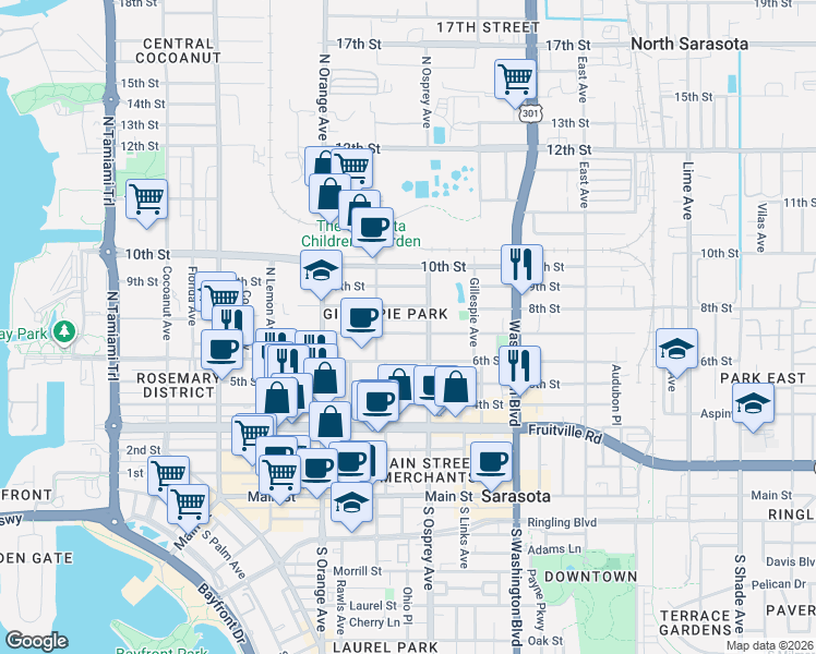 map of restaurants, bars, coffee shops, grocery stores, and more near 1755 7th Street in Sarasota
