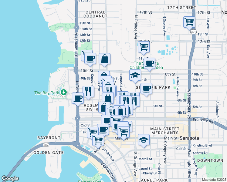 map of restaurants, bars, coffee shops, grocery stores, and more near 650 7th Street in Sarasota