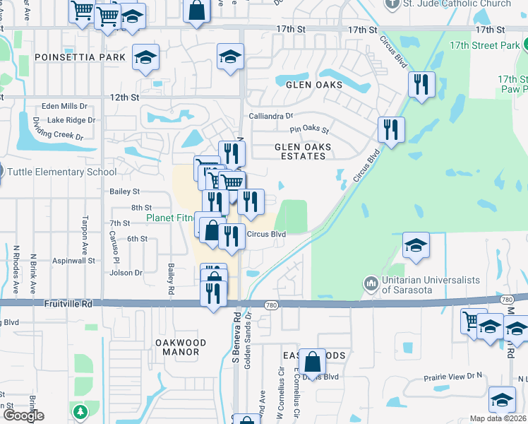 map of restaurants, bars, coffee shops, grocery stores, and more near 650 North Beneva Road in Sarasota
