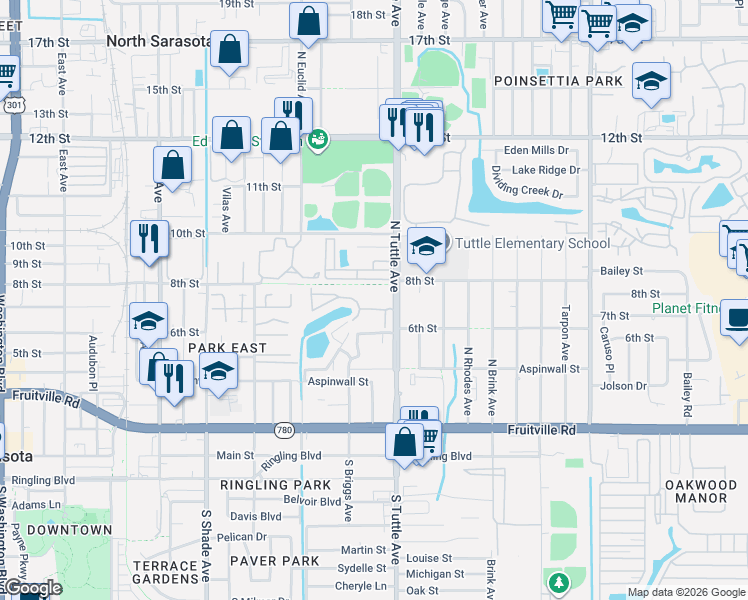 map of restaurants, bars, coffee shops, grocery stores, and more near 2749 Hidden Lake Boulevard in Sarasota