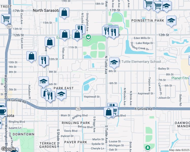 map of restaurants, bars, coffee shops, grocery stores, and more near 2632 Hidden Lake Drive North in Sarasota