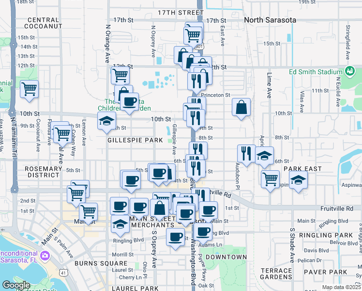 map of restaurants, bars, coffee shops, grocery stores, and more near 1942 7th Street in Sarasota