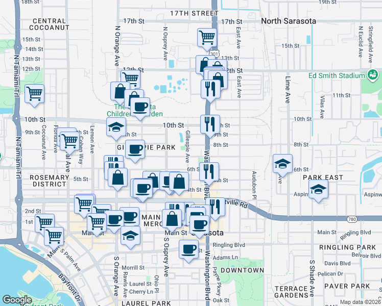 map of restaurants, bars, coffee shops, grocery stores, and more near 1874 7th Street in Sarasota