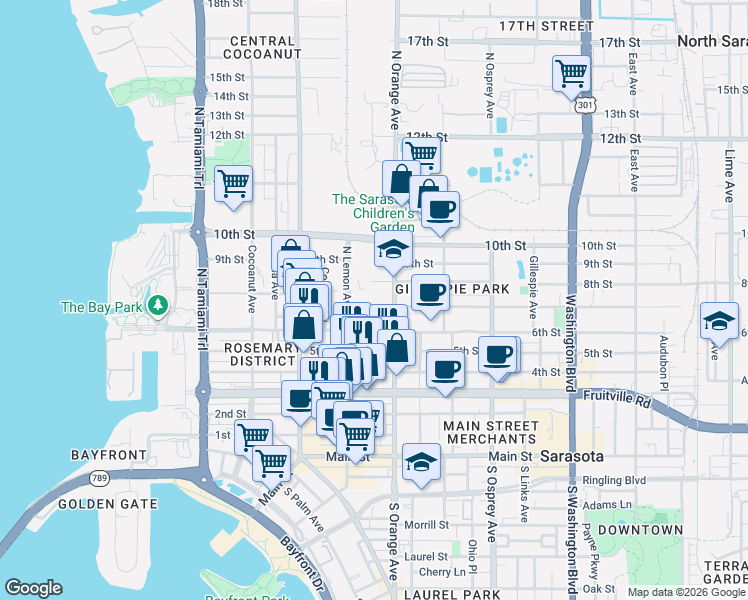 map of restaurants, bars, coffee shops, grocery stores, and more near 631 North Orange Avenue in Sarasota