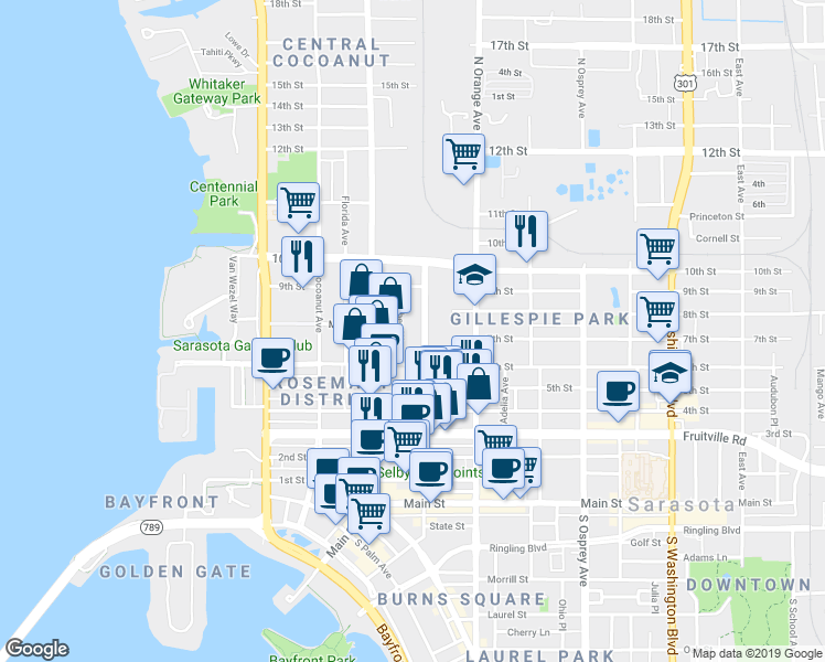 map of restaurants, bars, coffee shops, grocery stores, and more near 672 North Lemon Avenue in Sarasota